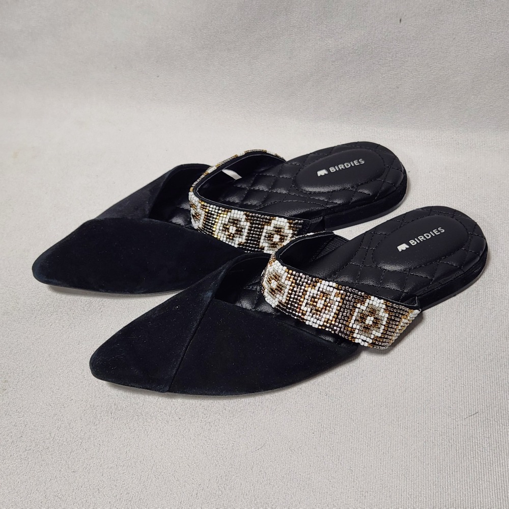 Birdies The Swan Black Suede Pointed‎ Toe Beaded Strap Mules Slides Womens 7.5